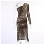 Kvinnor Leopard Print Sexig Klänning Slash Neck Puff Sleeve Side Split Knee-Length Dress 2021 Fall Slim Fashion Streetwear