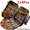 50114pcSet Fly Fishing Lure Box Set Wet Dry Nymphe Nymphe Fly Material Material Bait Fausses Flices For Trout Fishing Tackle 201058757061762275