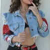 Sexy Trou Dos Nu Cropped Jeans Veste Vintage Broderie Rose Déchiré Femmes Printemps Automne Crop Top Hip Hop Denim Outwear T200827