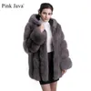 rose java QC8149 nouveau modèle femmes réel manteau de fourrure de renard manches longues capuche manteau gebuine renard tenue de haute qualité 201212