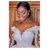 African Long Sleeve Lace Ball Gown Wedding Dresses Cathedral Train Illusion Pearls Major Beading Bridal Gowns Custom Made L128