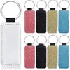 Sublimation Blanks Glitter PU Leather Keychain Heat Transfer Keyring Round Heart Rectangle Square Can Custom