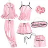 Pijama listrado rosa Silk Silk Femme Pijama Set 7 peças Stitch Lingerie Robe Pajamas Mulheres Sleepwear PJS 201027