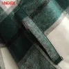 Tangada 겨울 여성 녹색 격자 무늬 긴 코트 자켓 캐주얼 고품질 따뜻한 오버 코트 패션 롱 코트 3H04 201210