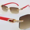 New Model Hand-made 2.6 Carats Diamond Set Rimless Womans Sunglasses 8200757 Wood Glasses Men Famous UV400 Lens Sun Glasses Male and Female Wooden Eyeglasses 18K Gold