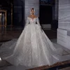 2022 Sparkle Glitter Wedding Dresses Bridal Gowns Long Sleeves Lace Sequin Robe Mariage Handmade Sheer Neck Vestido De Novia