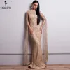 Missord 2020 Kobiety Sexy High Neck Długie rękawie Split Glitter Dress Female Maxi Eleganckie sukienki imprezowe LJ200818