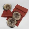 Beanie/Totenkopfkappen Haarball Strickwolle Hut Schal Set Herbst Winter Nadel Warmer Gehörschutz für Frau und Kind Mode Halstuch1