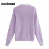 Aachoae Donna Cardigan lavorato a maglia di colore viola Maglione con scollo a V Maglioni casual di base Donna Manica lunga a pipistrello allentata Top da donna 210204