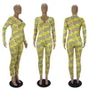 Mode Kvinnor Höst Jumpsuits Tryckt Bodysuit Workout Knapp Skinny Hot Print V-Neck Långbyxor Onesies Plus Size Ladies Home Rompers