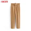 Tangada Black Costume Femme Taille haute Sashes Poches Bureau Dames Mode Mode Pantalon Jaune Rose Moyen Âge 6A22 201027