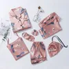 Kobiety Piżamy Zestawy Wiosna Lato 7 Sztuk Set Silk Print Spodenki Z Długim Rękawem Top Elastyczna Talia Spodnie Pełna Lounge Pleaswear Nightwear Y200708