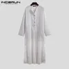 이슬람 남성 스트라이프 Jubba Thobe 패션 긴 소매 Abaya 캐주얼 포켓 이슬람 kaftan 두바이 사우디 아라비아 남자 robes가 5XL