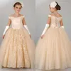 Elegant Light Champagne Long Flower Girls Dresses For Wedding Party Off The Shoulder Lace Appliques Princess Prom Pageant Gowns Toddler Kids Communion Dress