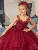 Burgundy Tulle Little Girl's Pageant Dresses Sheer Neck Lace Appliques Beaded Tiered Princess Ball Gown Backless Birthday Formal Dress For Kids Toddler CL0030