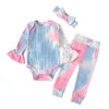 2020 New Ins Baby Tie Dye Clothing Set Kids Flare Sleeve Romper + Pants + Headbands 3Pcs/Set Boutique Pit Knitted Infants Outfits M2905