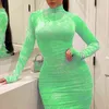 Women's Bodycon Dress 2021 Pleated Elegant Long Sleeve Party Dresses for Ladies Sexy Tight Female Clothing Evening Plus Size 5XL Y220214