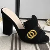 Designer classique femme Demi pantoufles peau de vache 100% cuir Daim Talons épais Métal Slides femme chaussure plage Lazy Sandals Chaussures à talons hauts Grande taille 35-40-41-42 us4-us10