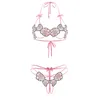 Intimo donna pizzo fiore ricamo con apertura sul cavallo cavallo ultra-sottile sexy reggiseno collant lingerie rosa bikini abiti LJ201026