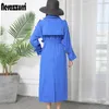 Trench coat moda nerazzurri di alta qualità per donna autunno doppio petto caldo plus size giallo blu rosso cappotto lungo cachi 201110