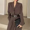 Korea chique vrouwen sets mode kantoor twee stuk pak revers losse one-button bijgesneden blazers + hoge taille lange brede beenbroek 220315