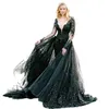 Gothic Black Mermaid Wedding Dresses Long Sleeves Detachable Train Deep V-Neck Appliqued Lace Formal Bridal Gowns Vintage Garden Rustic Brides Dress Customize