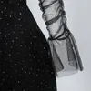 Vrouwen schitteren een schouderjurk bodycon pree mesh ruches lange mouw vrouwelijke jurken nieuwe mode dames mini -jurk T200604