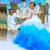 NEW!!! 2022 White And Blue Coloful Tier Flower Girls Dresses Puffy Tulle Ruffles Skirt Kids Birthday Party Gowns Feather Child Pageant Dress CG001