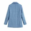 Élégant Chic Bleu Bijoux Double Boutonnage Tweed Veste Mode Femmes Élégant Turn-down Col Manteau Femme Chic Survêtement 201026