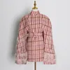 TWOTWINSTYLE Giacca in nappa patchwork scozzese per donna dolcevita manica lunga vita alta con fasce cappotto casual rosa femminile 201029
