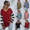 Femmes Stripe Splicing T-shirts Tendance De La Mode Léopard Col En V À Manches Longues Casual Pull Tops Designer Automne Nouvelle Femme Lâche T-shirts