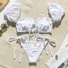 I X Solid White Ruffle Swimsuit Female Bandeau Bikini 2020 Kort ärm Badkläder Kvinnor Bindning Sidadräkt Högskuren Biquini LJ200825