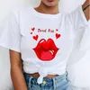Kadınlar Kırmızı Ağız Tops Dudak Öpücük Baskılı Kız Siyah Yaz Komik Leopar Grafik Tee Gömlek Femme T Bırak Gemi