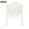 Практики белые кружева вышивка для вышивки блузка женская сексуальная высокая шея задняя молния в глухой рубашке женская летняя уличная одежда 201201