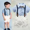 赤ちゃん男の子服シャツ弓セット誕生日フォーマルスーツ夏新生児男の子服セットブルーシャツトップ+サスペンダーパンツ衣装LJ200831