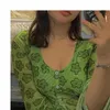 Harajuku Kwiatowy Print T Koszulka Zielona Koszulka Y2K Eesthetics Mesh Przyciski Flare Rękaw Crop Topy 90. Kobiety Vintage Ubrania Lato