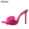 Tofflor Eilyken New Silk Butterfly Knot Mule Högklackat Sandaler Pekade Toe Strappy Slides Party Women Shoes220308