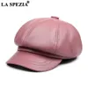 La Spezia Real Leather Newsboy Cap 여성 단단한 베이커 소년 모자 레드 블랙 블루 핑크 빈티지 브랜드 숙녀 겨울 팔각형 캡 201013