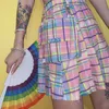 Flectit pastel arco-íris xadrez xadrez saia de carga com caixa de bolso enorme plissado mini saia para as mulheres harajuku meninas * t200712