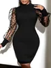 SXY Contrast Dobby Mesh Puff Sleeve Mock Neck Bodycon Dress SHE