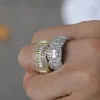 メンズヒップホップブリンズスクエアキッピックジルコンリングダイヤモンドアイスアウト18Kゴールドメッキリングファッションゴールドシルバーメンズジュエリー