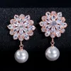 Luxe Mariage Mariée Fleurs Charme Designer Boucles D'oreilles Bijoux Imitation Perle Blanc AAA Cubic Zirconia Cuivre Or Rose Argent Boucle D'oreille Pour Les Femmes Cadeau De Fiançailles