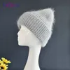ENJOYFUR chaud Angora laine chapeaux pour femmes doux épais femme hiver tricoté casquettes mode large revers plaine Russie Ski marque Beanie 211229