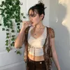 Women's T-Shirt Brown Vintage Y2K Lace Crop Top Short Sleeve See Through Sexy Mesh Woman Tshirts V Neck Up Floral Kawaii Clothes Shrug