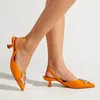 Dress Shoes Orange Kitten Heel Women Rhinestone Décor Pumps Backless Ladies Crystal Buckle Mules With Elastic Back Strap Size 36-41