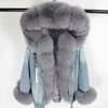 겨울 여성 자연 모피 큰 칼라 코트 데님 느슨한 패션 모피 분리형 토끼 안감 파 파 가죽 자켓 211216