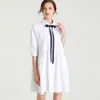 7850# Jry New Spring Women European Fashion Style Dresses Turn-Down Collar Half Sleeve Single-Breasted Loose Casual Shirt Dress Deep Blue/White/Red XL-4XL