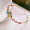 30pcs Hand Crafted 14K Gold Filled Wire Wrapped Natural Rainbow Tourmaline Crystal Amazonite Bead Evil Eye Expandable Cuff Bangle Bracelet