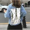 Plus Size Harajuku Back Sequins Short Denim Giacche 3XL 4XL Donne Light Blue Tre Quarter Sleeve Bomber Giacche mamma Jean 201023