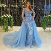 Luxury Sky Blue Lace Mermaid Evening Dress Full Sleeves Beaded Applique Sexy Prom Gowns With Detachable Train Party Gowns